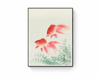 Japanese Art Print Goldfish Reproduction Canvas Print, Ohara Koson Vintage Japanese Woodblock Style, Archival Giclee