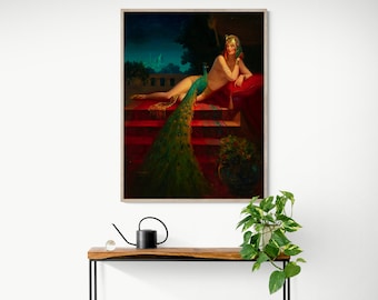 Cleopatra by Edward Mason Eggleston Art Deco portrait painting canvas fine art print wall art, Egyptian Queen, Peacock, Arabic Style Girl