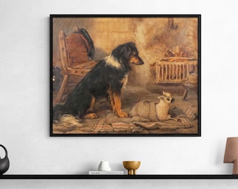 Dog Art Print - Heart Touching Motherless Lamb and Dog Scene - Vintage Animal Friendship Painting, Antique Style Wall Decor