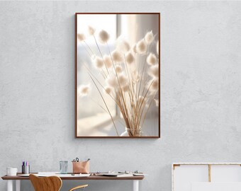 Stampa artistica su tela con motivo di erba di cotone bianca alla finestra e sole, decorazione da parete con colori tenui e armoniosi.