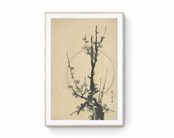 Cuadro japonés con rama de ciruelo y luna, pintura oriental con tinta.