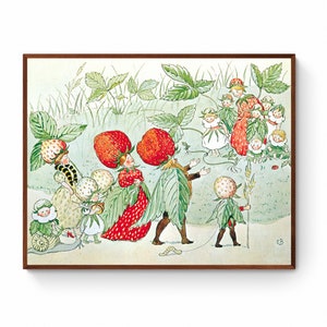 Kinderzimmer Wandbild - Strawberry Fairies Illustration von Elsa Beskow, Märchen Kunstdruck, Wald-Erdbeere, Wald-Erdbeere