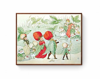 Art mural sur toile pour chambre d&#39;enfant - Illustration de fées aux fraises par Elsa Beskow, impression d&#39;art petit garçon, fraise des bois, impression de conte de fées