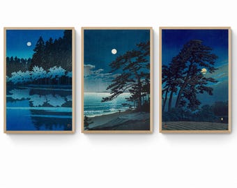 Set of 3 Japanese Woodblock Prints, Japandi Wall Art, Triptych Landscape Art, Neutral Asian Home Decor, Minimalist Zen Nature Scenes