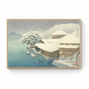 Kawase Hasui Reproduction Canvas Prints - Evening Snow at Ishinomaki Japanese Landscape Art Print Canvas Wall Art, Ukiyo e Print