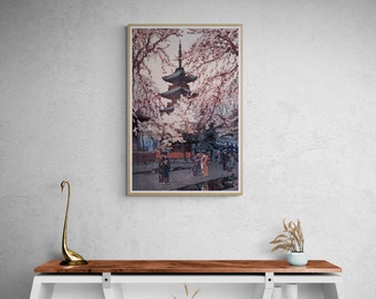 Impressions d'art japonaises : gravure sur bois de l'étang Shinobazo, scène du parc des cerisiers en fleurs, style Ukiyo-e vintage, Hiroshi Yoshida