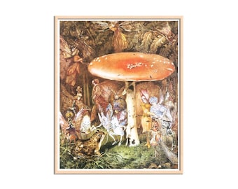 The Intruder, Fantasy Fairies Art Print, Jungle and Huge Mushroom, Frog and Animals. Faires in Forest Canvas Print Wall Art