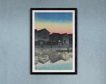 Estampa de luna creciente de Kawase Hasui - Arte mural japonés Ukiyo-e sobre lienzo / Arte mural japonés / Impresión Ukiyo-e