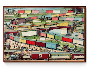 Vintage Train Canvas Art Print, Zig-Zag Locomotive Painting