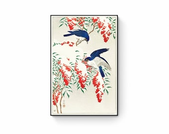 Japanese bird art prints, posters, Flycatchers on Snow by Ohara Koson fine art canvas print, Japanese paintings, Japanese woodblock painting