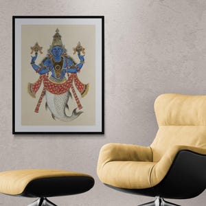 May include: A framed painting depicting a Hindu deity with a blue body and a fish tail. The deity is holding two objects in each hand and is wearing a red and gold robe.