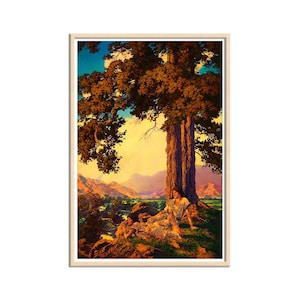 Hilltop by Maxfield Parrish, Tree Forest Wall Art, Mountains, Wilderness, Art Nouveau Style Nature Goddess Canvas Print