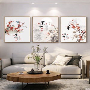 Chinese Art Floral Canvas Prints Harmonious Family Chinese Calligraphy Red Plum Bossom Art Print Canvas Wall Art Set Print Canvas Art