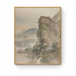 Japanese Pine Trees and Hill Print, Oriental Asian Landscape Ink Watercolor Sumi E Painting Japanese Ink Painting Wall Art Canvas Print