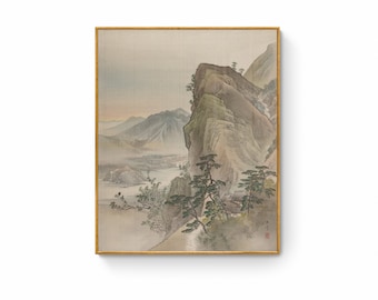 Japanese Landscape Canvas Print, Oriental Pine Trees, Sumi E Painting