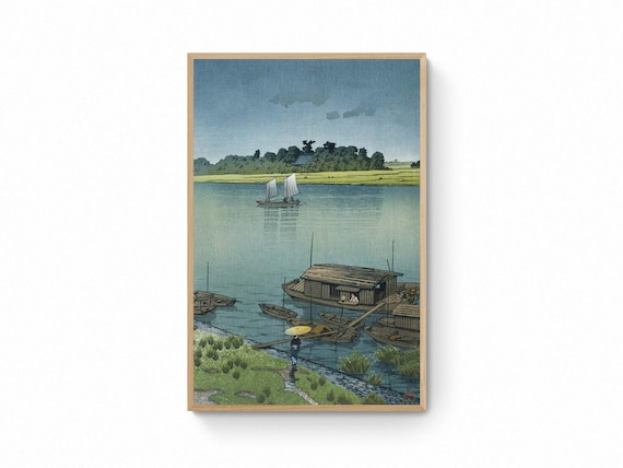 新版画 荒川川の雨の版画、ヴィンテージ日本風景画、川瀬巴水 雨の日