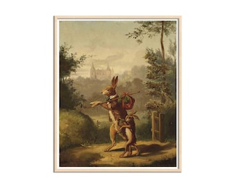 Whimsical Painting Two Hares with a Knapsack: Vintage Bunny and Rabbit Art, Enchanted Forest Inspired, Magical Nature Scene