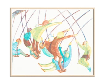 Swings, Linocut Painting Art Print, Kids Playing Swing, Simple and Minimal Art, Abstract Style and Colorful, Ethel Spowers Canvas Print