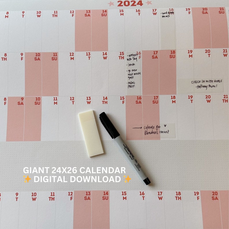 2024 Giant Wall Calendar DIGITAL DOWNLOAD Red & Pink 24x36 In. Best