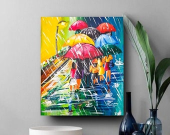 雨の日の都市風景画：オリジナルアクリルキャンバスアート（16x20