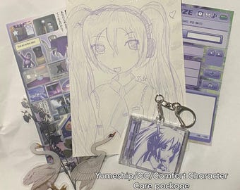 May include: A collection of stationery items including a hand-drawn purple ink sketch of an anime character with twin tails, a square acrylic keychain featuring a matching character illustration, two swan stickers, and a purple-themed sticker sheet.