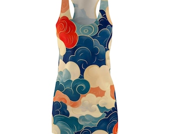 Kleurrijke racerback-jurk met wolkenpatroon voor dames, zomermode, strandkleding, vrijetijdskleding, cadeau voor haar, vakantie-outfit