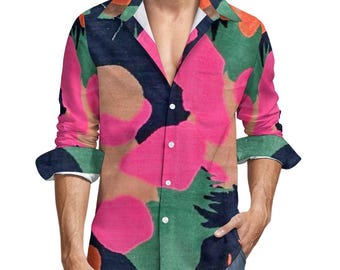 Camisa de manga larga de lino sintético para hombre con bolsillo (estampado integral)