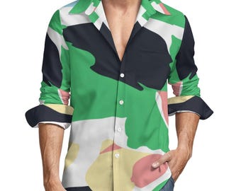 Camisa de manga larga de lino sintético para hombre con bolsillo (estampado integral)