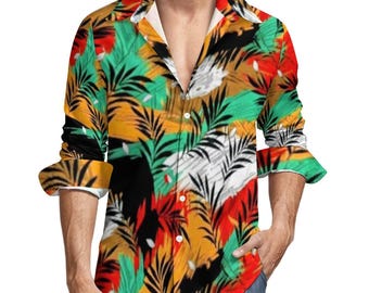 Camisa de manga larga de lino sintético para hombre con bolsillo (estampado integral)