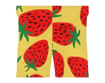 Uitdagende bikershort met aardbeienprint | Geelrood fruitpatroon