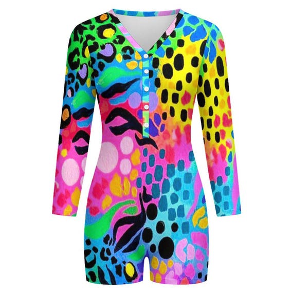 205gsm V Neck Button Down Bodysuit Shorts(All-Over Printing)