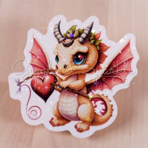 Cute Valentine&#39;s Gold Dragon with Heart and Green Hair Sticker