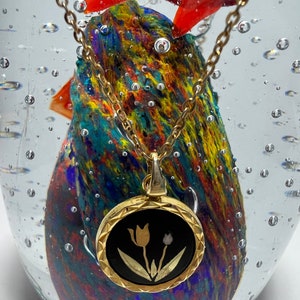 Black and Gold Vintage Fall Necklace Amita Signed Damascene Pendant and Necklace