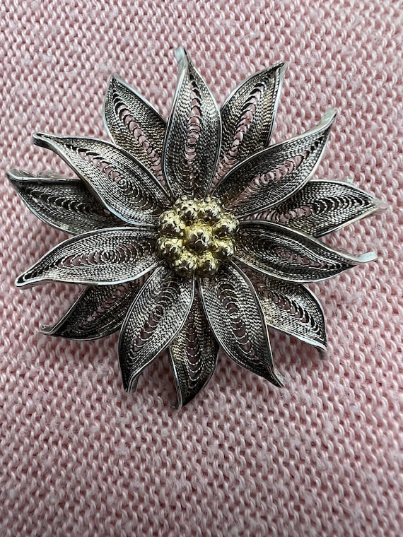 Vintage Filagree Flower Brooch 800 Silver Gold Uni