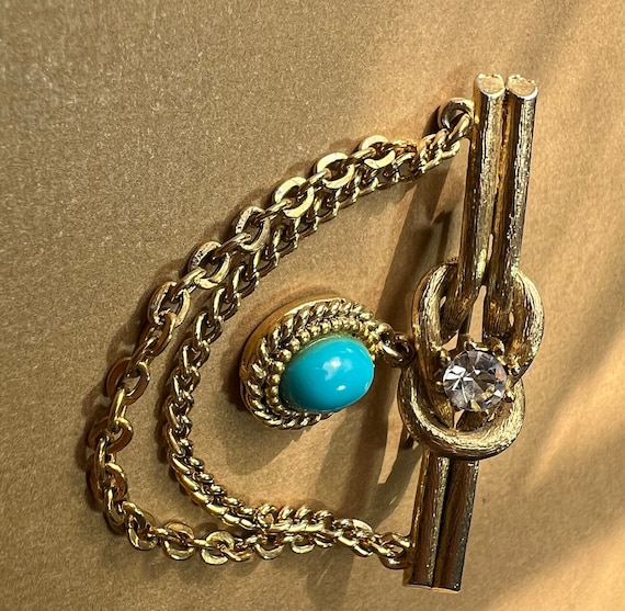 Vintage Turquoise And Rhinestone Tie Pin Gold Ton… - image 2