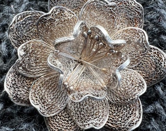 Intricate Silver Filigree Flower Brooch Unique Floral Pin Vintage