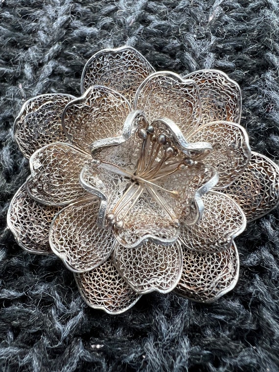 Intricate Silver Filigree Flower Brooch Unique Flo
