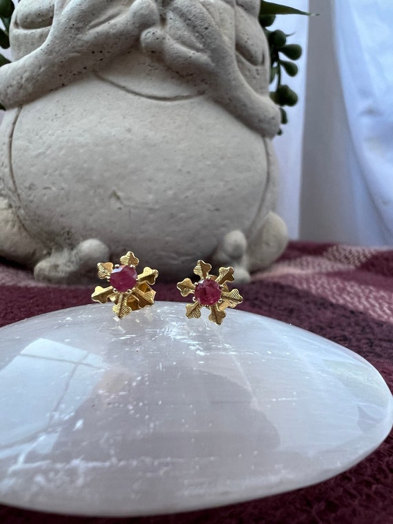 Ruby Snowflake Starburst Earrings Marked 14K On P… - image 1