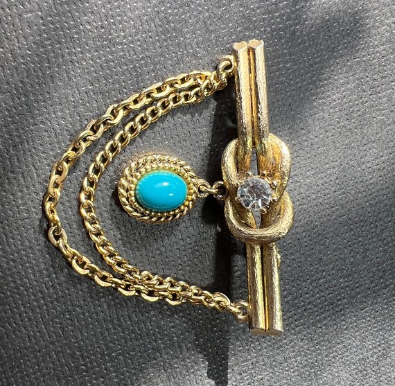 Vintage Turquoise And Rhinestone Tie Pin Gold Ton… - image 4