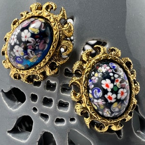 Vintage Millefiori Murano Style Cufflinks: Cobalt Glass, Gold Tone