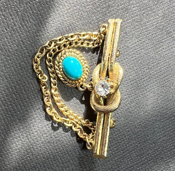 Vintage Turquoise And Rhinestone Tie Pin Gold Ton… - image 10