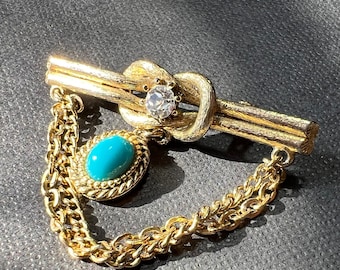 Vintage Turquoise And Rhinestone Tie Pin Gold Tone Brooch