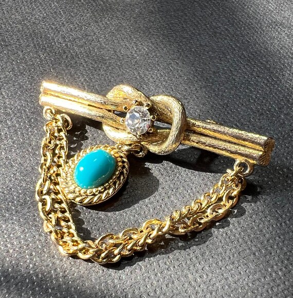 Vintage Turquoise And Rhinestone Tie Pin Gold Ton… - image 1