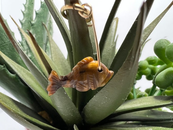 Hand Carved Tiger's Eye Fish Pendant on Gold Wire - image 1