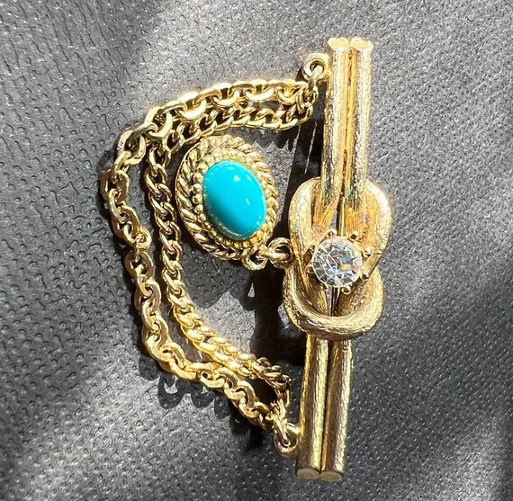 Vintage Turquoise And Rhinestone Tie Pin Gold Ton… - image 3