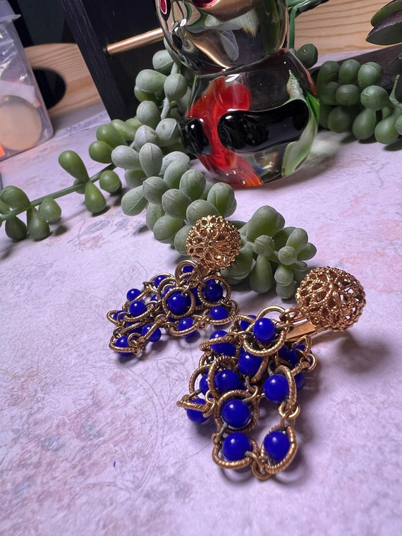 Exquisite Blue Bead Cobalt, Gold Tone Earrings