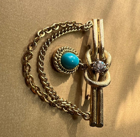 Vintage Turquoise And Rhinestone Tie Pin Gold Ton… - image 7