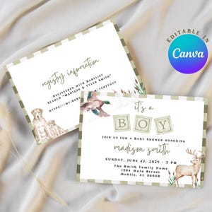 Babyshower babyshower jagen thema jongen | Groene buitenuitnodiging bewerkbaar in canvas voor kleine jongens