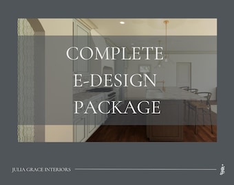 May include: An interior design rendering featuring a kitchen with light blue cabinets, a marble countertop island, and wooden flooring. The text "COMPLETE E-DESIGN PACKAGE" is displayed in white. The Julia Grace Interiors logo is at the bottom.