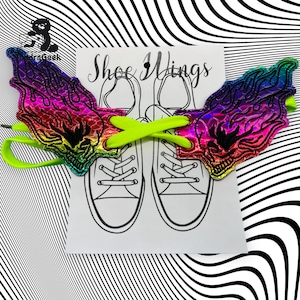 Flaming Skulls Shoe Wings on Holographic Rainbow Vinyl